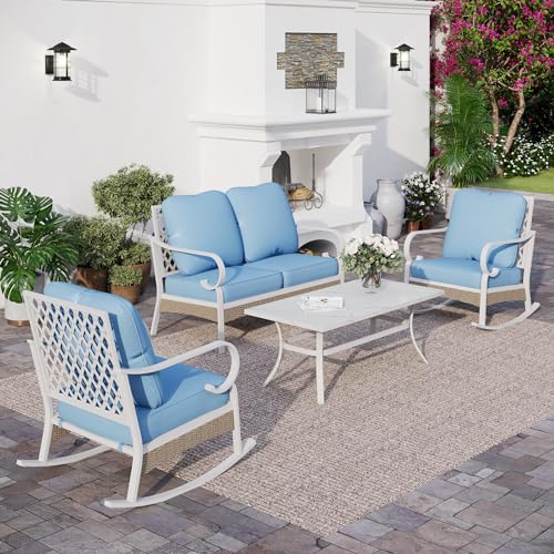 SUNSHINE VALLEY 4 PCS Metal Outdoor Patio Furniture Sets, Patio Conversation Sets 1 3-seater Sofa, 2 Swivel Chairs with 5.75