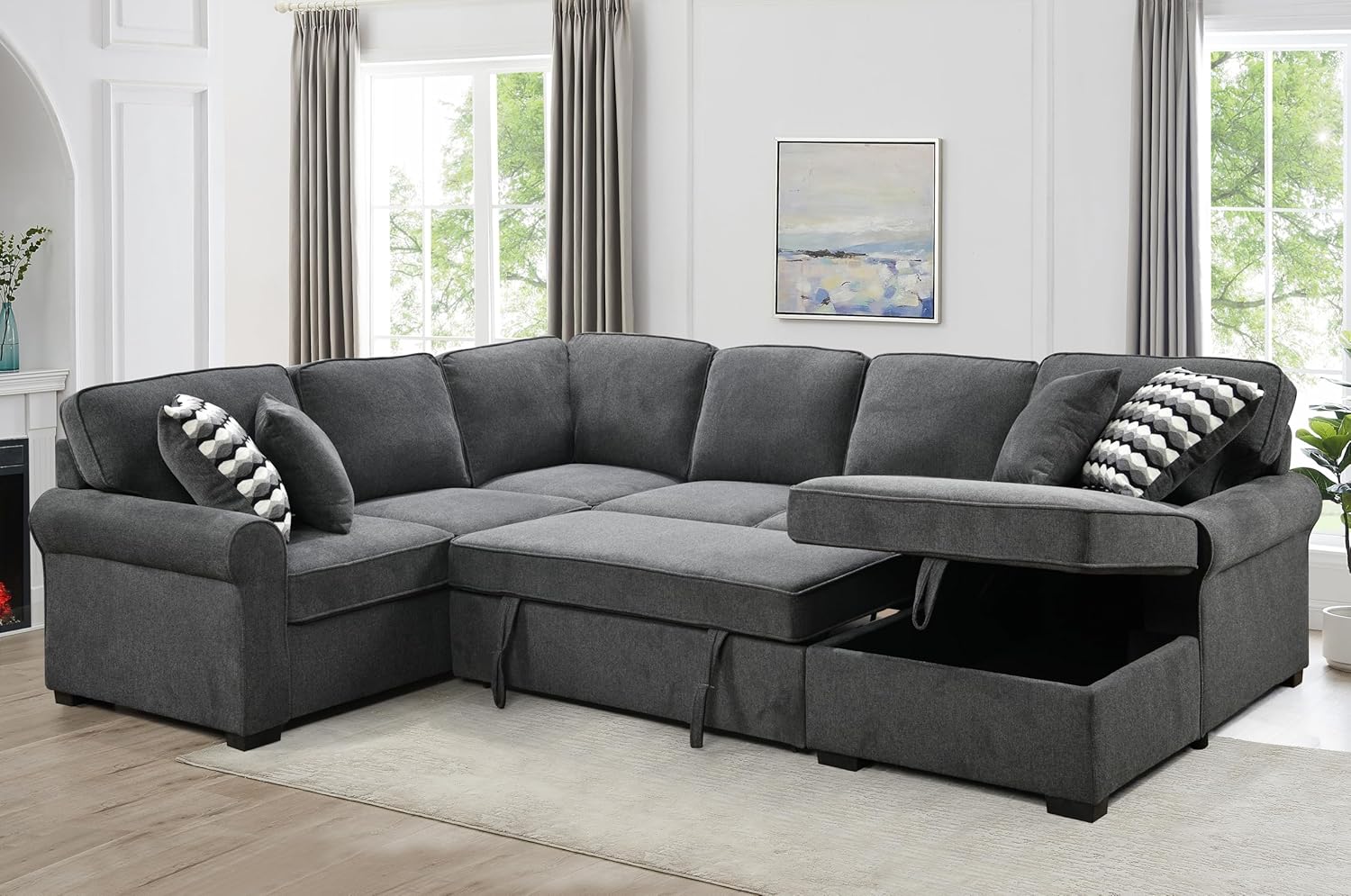 Oversized Sectional Sofa with Storage Chaise, Rolled Arms U Shaped Couch,Removable Soft Backrest Cushions,with 4 Throw Pillows for Large Space Home, Living Room,Dark Gray,117