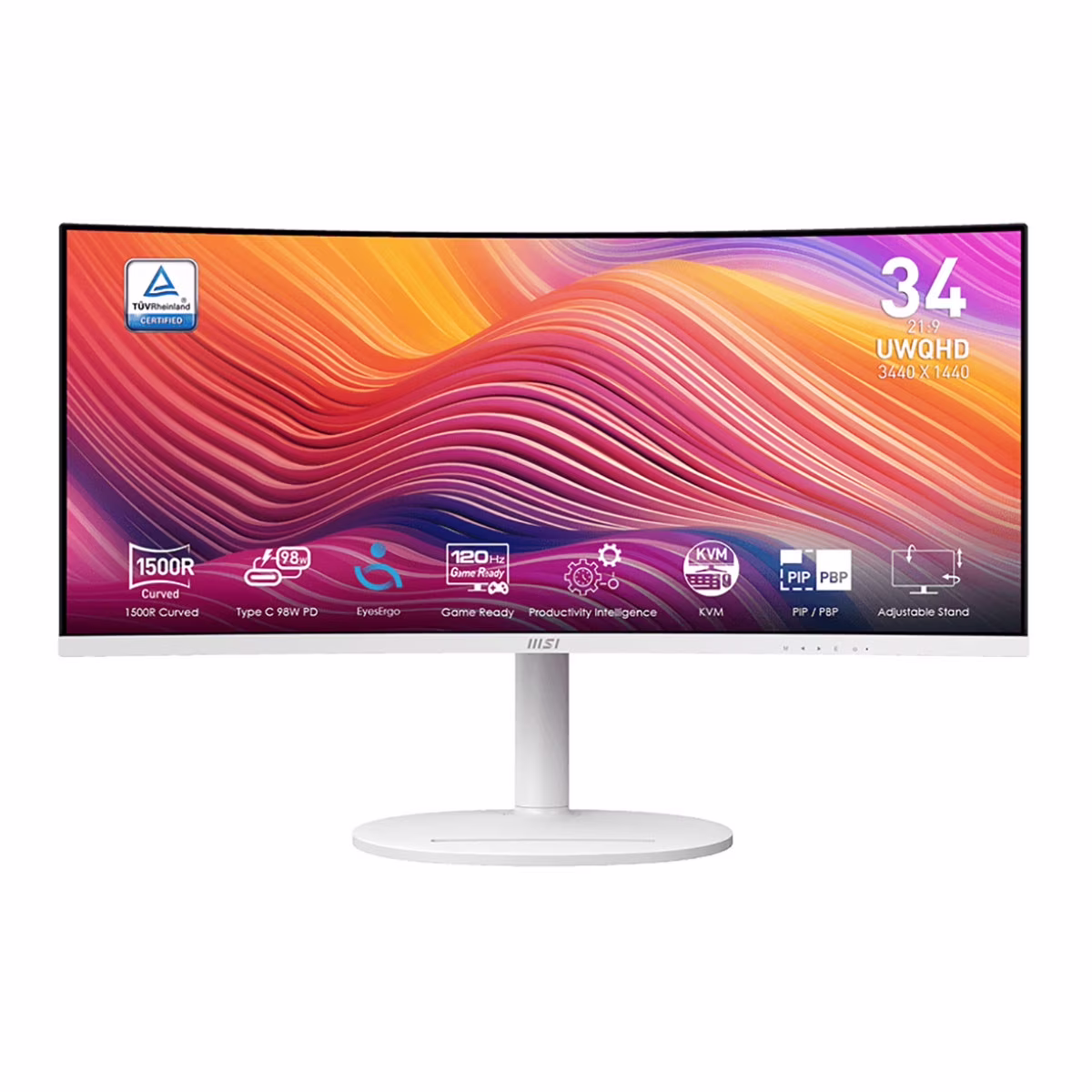 MSI 34" 120 Hz VA UWQHD Monitor 1ms (MPRT) / 4ms (GTG) Adaptive-Sync Adobe RGB / DCI-P3 / sRGB: 92% / 95% / 119% USB-C, Curved Modern MD342CQPW