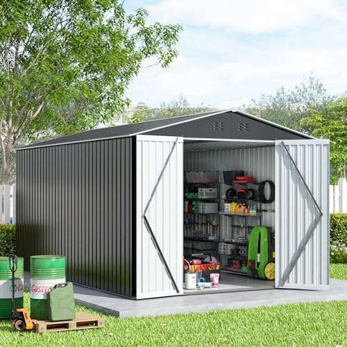 8x12 FT Outdoor Storage Shed, Large Metal Tool Sheds with Updated Frame Structure and Lockable Doors, Garden Shed for Backyard Garden Patio Lawn Grey