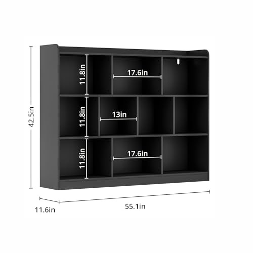 Brown bookshelf, Wood Bookcase with 3 Tier Open Shelves, 10-Cube Minimalist Storage Shelf for Living Room, Bedroom, 55.1
