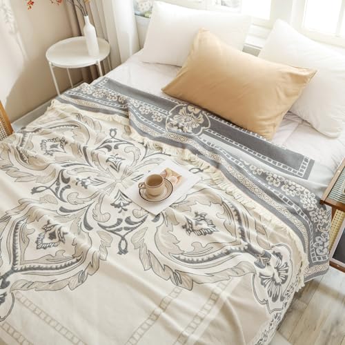 ROOMLIFE Boho 100% Cotton Throw Blanket, 6-Layer Floral Bed Throw Blanket Farmhouse Bed Blankets All Season Rustic Throw for Couch Bed Living Room Decor Soft Cozy Furniture Protector,80