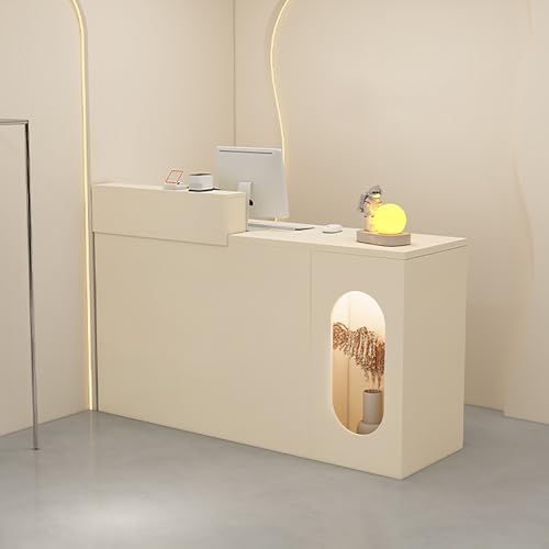 Reception Desk with Counter Checkout Counter Front Desk Reception Counter with Lights and Lockable Drawers Modern Welcome Desk for Lobby Beauty Salon Clothing Store Milk Tea Shop.(Walnut)