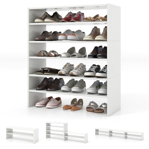 Tangkula 3-in-1 Vertical Shoe Rack, Space Saving Corner Shoe Shelf with Stackable Design for 18 Pairs, 6-Tier Adjustable Storage Shoe Stand for Front Door Entryway (1, White)
