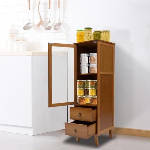 Storage Cabinet Wooden Display Cabinet Sideboard Cabinet with Magnetic Suction Door, Multifunctional Storage with Acrylic Glass,Tall Slim Narrow Bathroom Storage Cabinet (One door with 2 drawer)