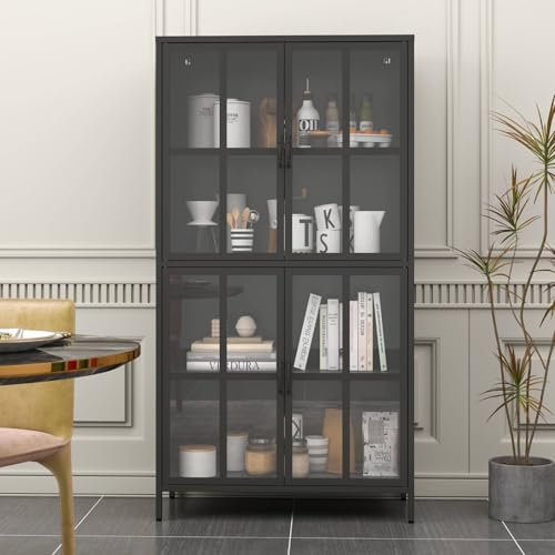 Metal Storage Cabinet with Glass Doors, 4-Shelf Display Cabinet, Adjustable Shelves, Anti-Tipping, 63