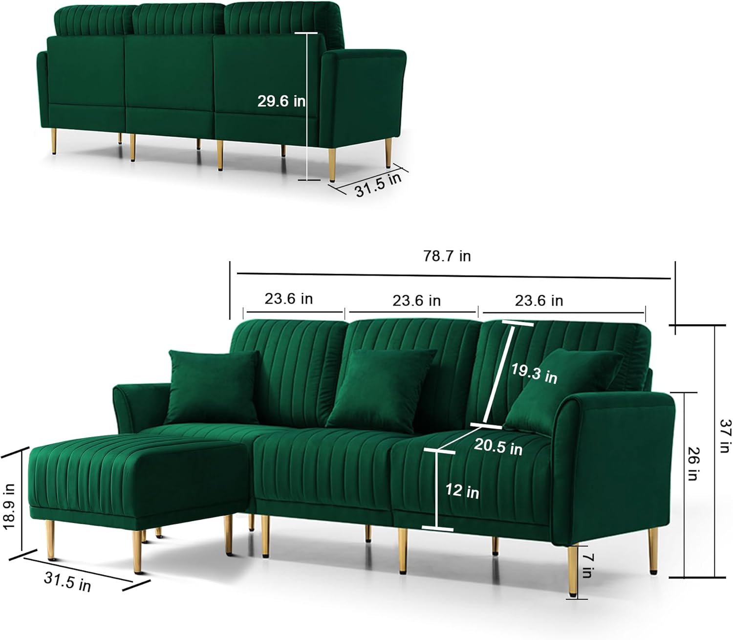 Green Velvet Modular Corner Sofa Reversible Left Hand Facing Sofa Chaise with Ottoman