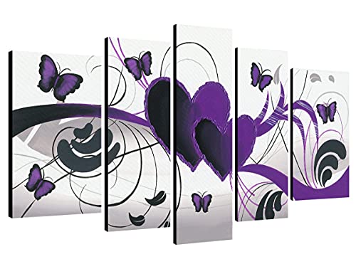 Wieco Art Purple Love Butterfly 5 Panels Modern 100% Hand Painted Stretched and Framed Abstract Romance Artwork Oil Paintings on Canvas Wall Art Ready to Hang for Home Decor 5pcs/set