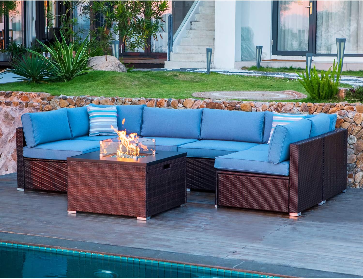 COSIEST 8 Piece Propane Fire Pit Table Outdoor Sectional Sofa, Chocolate Brown Patio Furniture Set w 32-inch Square Wicker Fire Table (40,000 BTU), Glass Wind Guard for Garden, Pool, Backyard