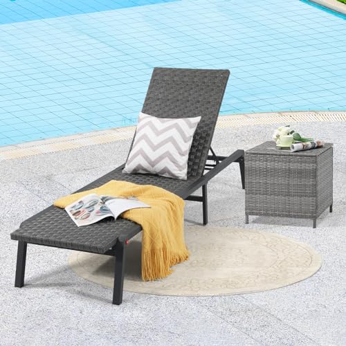 Verano Garden Patio Lounge Chair and Wicker Side Table with Extra Storage 21 Gallon, Outdoor Foldable Aluminum Chaise Lounge and Square Resin Coffee Table for Garden, Yard, Poolside