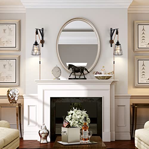 YILYNN Industrial Rustic Cage Wall Lamp Bracket Pulley Lights Fixture, Farmhouse Pendant Lamp Adjustable Hanging with Plug in Cord - Retro Wall Sconce for Indoor Living Room Restaurant (2-Pack)