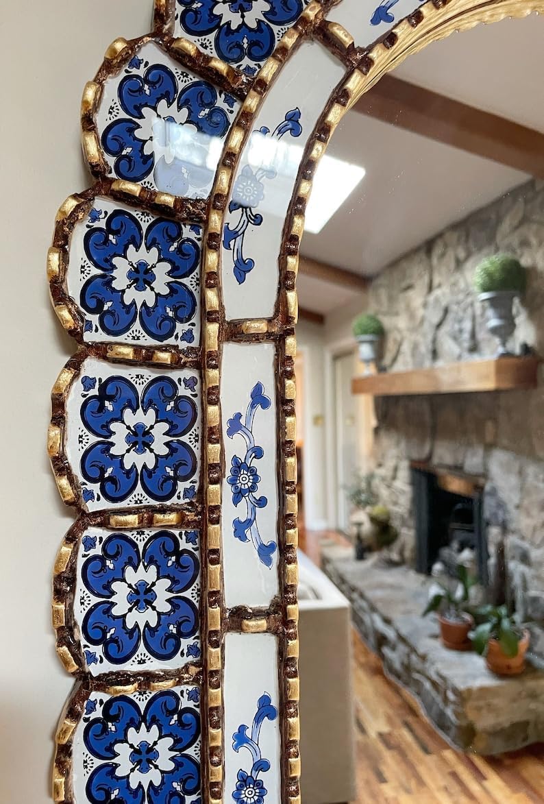 Arched Mirror, Stained Glass Mirror, Blue and White Tile Design Decorative Mirror, Bohemian Mirror