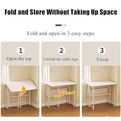 Mobile Foldable Desk with Wheels, Small Spaces Rolling Computer Desk, Portable Saves Space Table for Office Bedroom Living Room, Easy Assembly(39.3x19.7in, White)