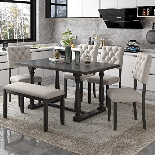 Flieks Kitchen Dining Table Set for 6, Functional Furniture Retro Style Dining Table Set with Extendable Table and 4 Upholstered Chairs for Dining Room and Living Room(Espresso)