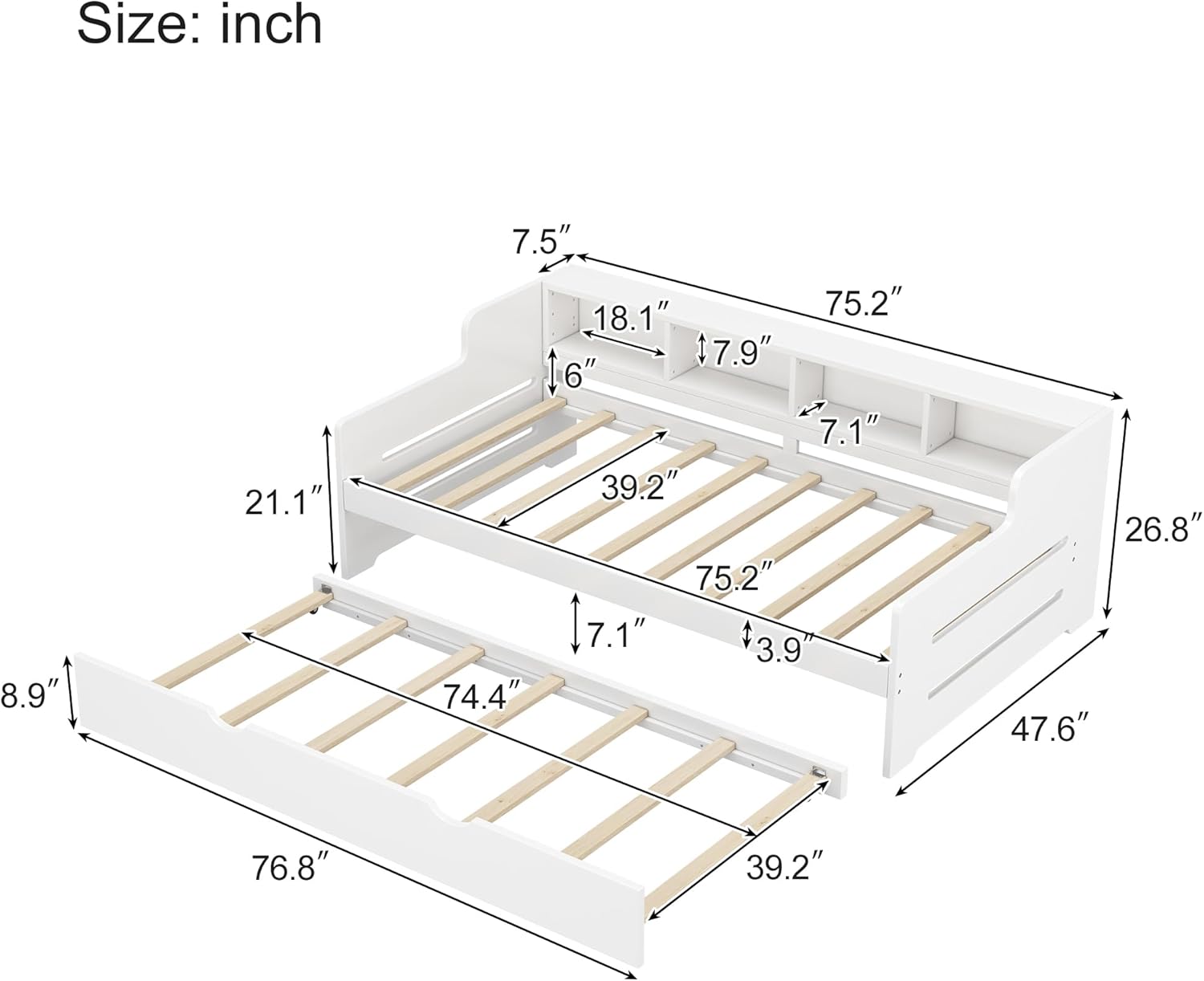 Twin Day Size Trundle, Wooden Sherpa Daybed with Wood Slats Support, Modern Sofa Bed for Living Room, Bedroom, No Box Spring Required, White