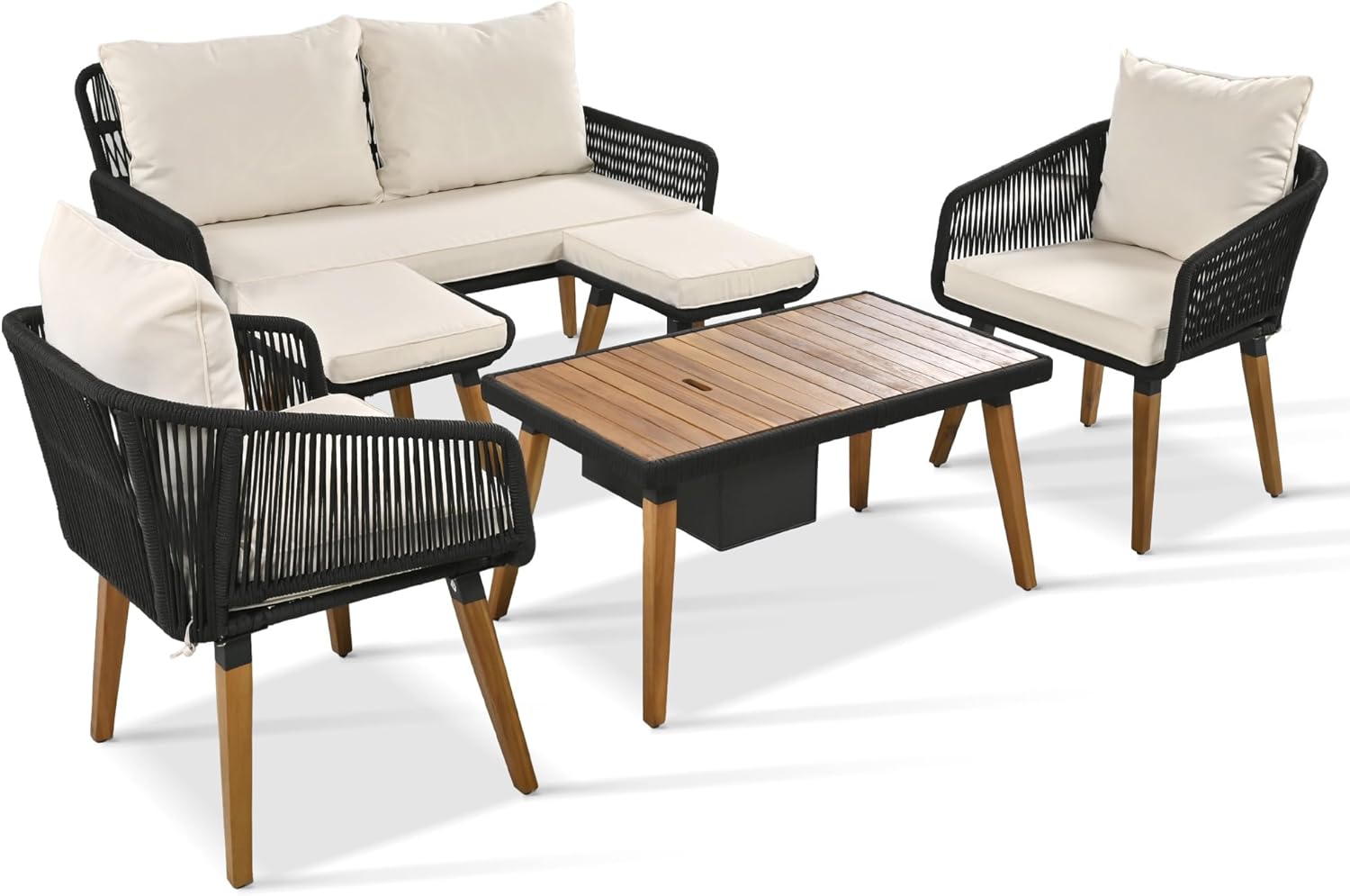 6-Piece All-Weather Outdoor Patio Furniture Set, Rope Weave Conversation Sofa with Acacia Wood Cool Bar Table and Ice Bucket, Two Chairs and Stools, for Backyard Porch(Black & Beige)