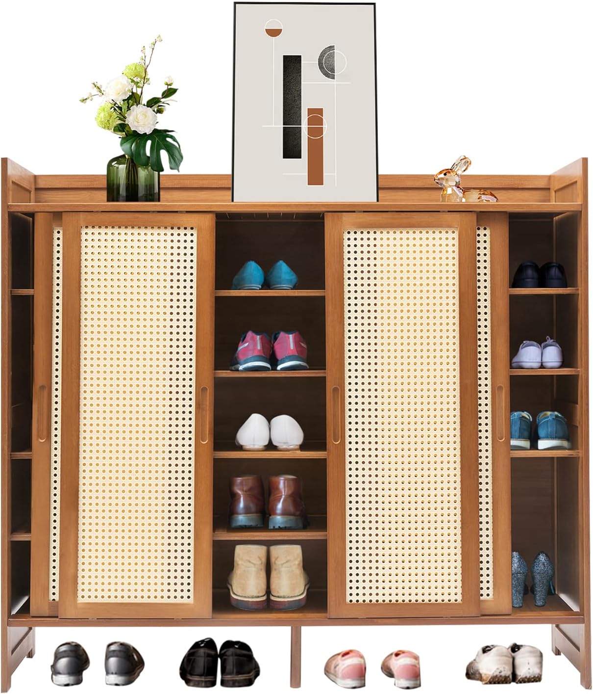 6 Tier Shoe Cabinet Storage with Grid Doors for Entryway Natural Bamboo Shoe Cabinet Shoe Rack Shoe Organizer Space Saving Shoe Storage Bench for Entryway and Hallway (Brown)