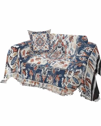 Boho Vintage Sofa Cover Couch Covers for 3-4 Cushion Couch Throw Couch Cover with Tassel Soft Sofa Slipcover Leaf Floral Textured Navy Blue Furniture Protector Couch for Dog Pet 71