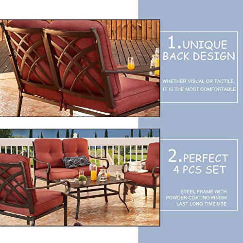 LOKATSE HOME Patio Cushioned Furniture Outdoor Bistro Loveseat, 2 Single Sofa Chairs, 1 Coffee Table, 4 Piece Conversation Set, Red