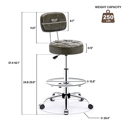 Oryxearth Rolling Stool with High Back PU Leather Adjustable Height Footrest Swivel Work Drafting Chair Thick Seat Cushion Office Desk Chair for for Salon, Massage, Shop, Counter, Coffee