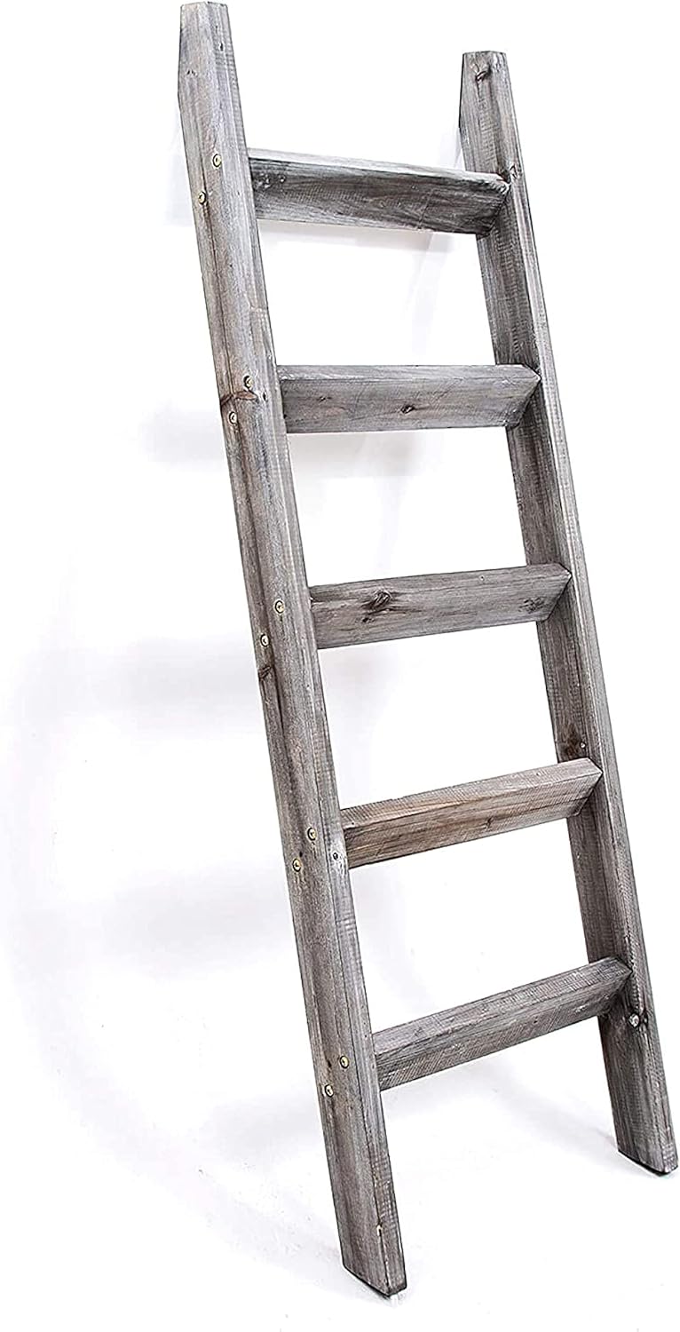 Hallops Blanket Ladder 5 ft | Premium Wood Rustic Ladder Shelf | Ladder Shelf for Quilt | Rustic Farmhouse Decor | Vintange Wooden Ladder Shelf (Thick, Gray White)
