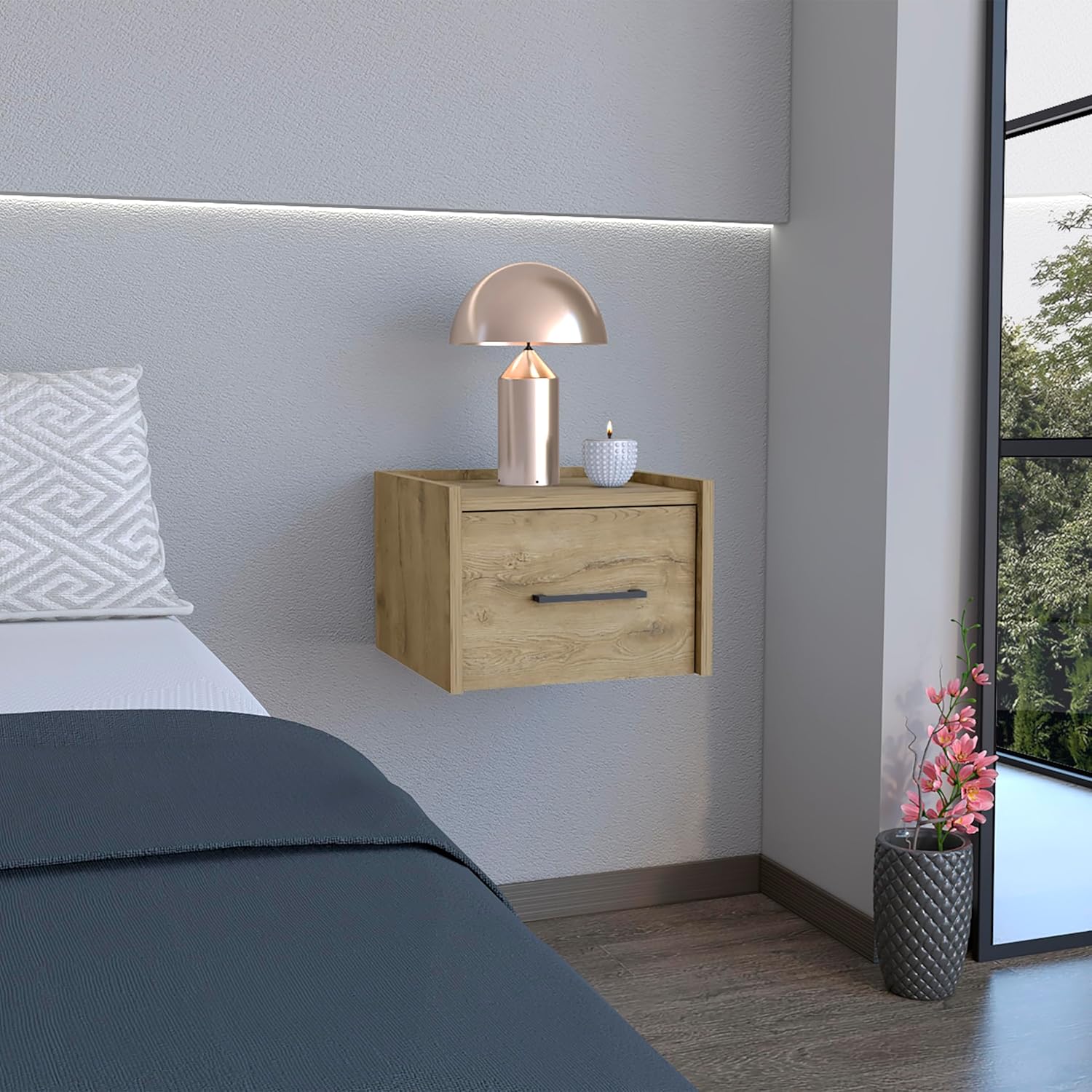Macadamia Modern Floating Nightstand, Space-Saving Design with Convenient Drawer and Black pull Handle.