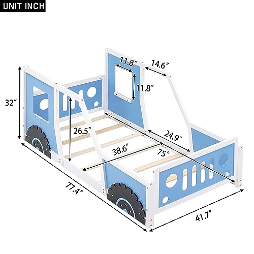 SOFTSEA Twin Size Car Shaped Platform Bed, Race Car Bed with Wheels for Boys Girls, Toddler Floor Bed Frame, Sturdy Wooden Slats, No Box Spring Needed, Easy Assembly (Red)