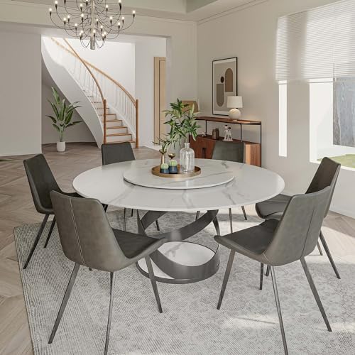 POVISON Round Dining Table for 4-6, Modern Dining Room Table Built in Lazy Susan, 51'' Black Sintered Stone Dining Table top with Crossover Carbon Steel Base (Dining Table Only)