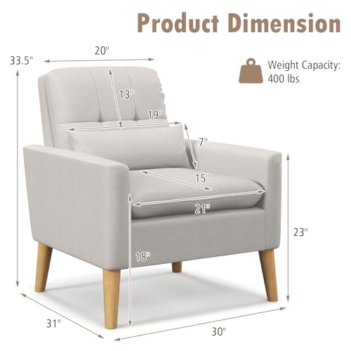 Giantex Modern Accent Chair Set of 2, Mid-century Linen Fabric Armchair w/Lumbar Pillow, Back & Seat Cushion, Comfy Single Sofa Chair with Rubber Wood Legs for Living Room, Bedroom, Reading Room