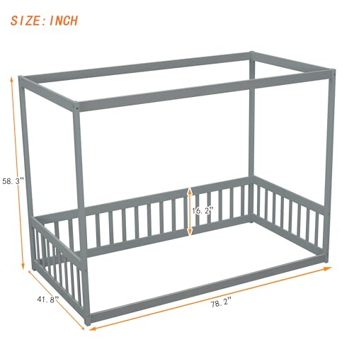 Twin Size Floor Bed with Fence, Wood Montessori Twin Floor Canopy Bed Frame for Toddlers, Kids, Teens, Easy Assembly, No Box Spring Needed, White