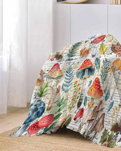 Botanical Sofa Cover Couch Covers for 3 Cushion Couch Throw Couch Cover with Tassel Soft Sofa Slipcover Vintage Watercolor Mushroom Leaf Beige White Couch Furniture Protector for Dog Pet 71