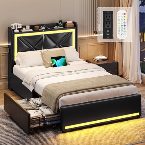 Queen Bed Frame with RGB LED Lights Headboard & USB-C/A Charging Station, Modern Upholstered Platform Bed with Storage Drawers, Heavy Duty Steel Slats, No Box Spring Needed, Dark Gray