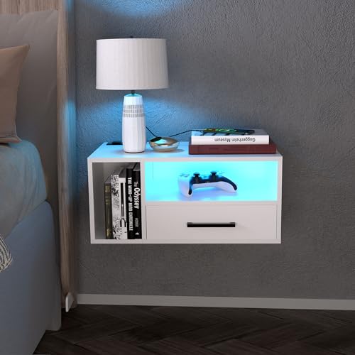 Nightstand with Charging Station and LED Light Strips, 21.3
