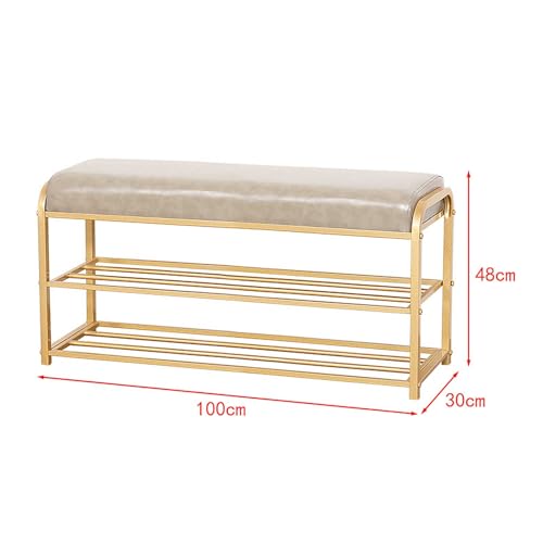 Entryway Shoe Rack with Cushioned Seat, Hallway Narrow Shoe Bench, 2 Shelves Storage Bench with Faux Leather Top Bed Bench, Gold