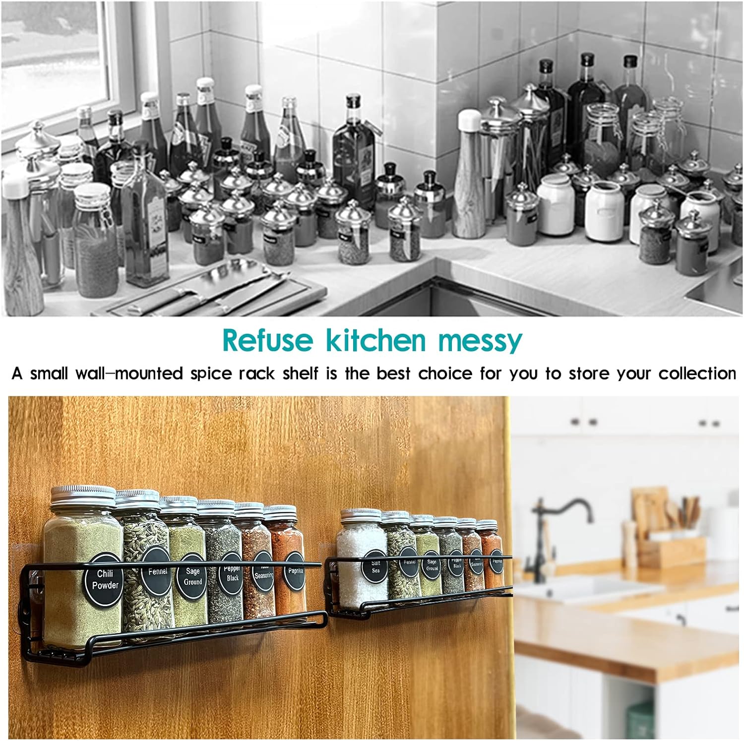 4Pcs Spice Rack Wall Mount Space Upgrade of Bolded Saving Spice Organizer for Spice Jars and Seasonings,Screw or Adhesive Hanging Spice Shelf Rack Organizer for Kitchen Cabinet Pantry Door
