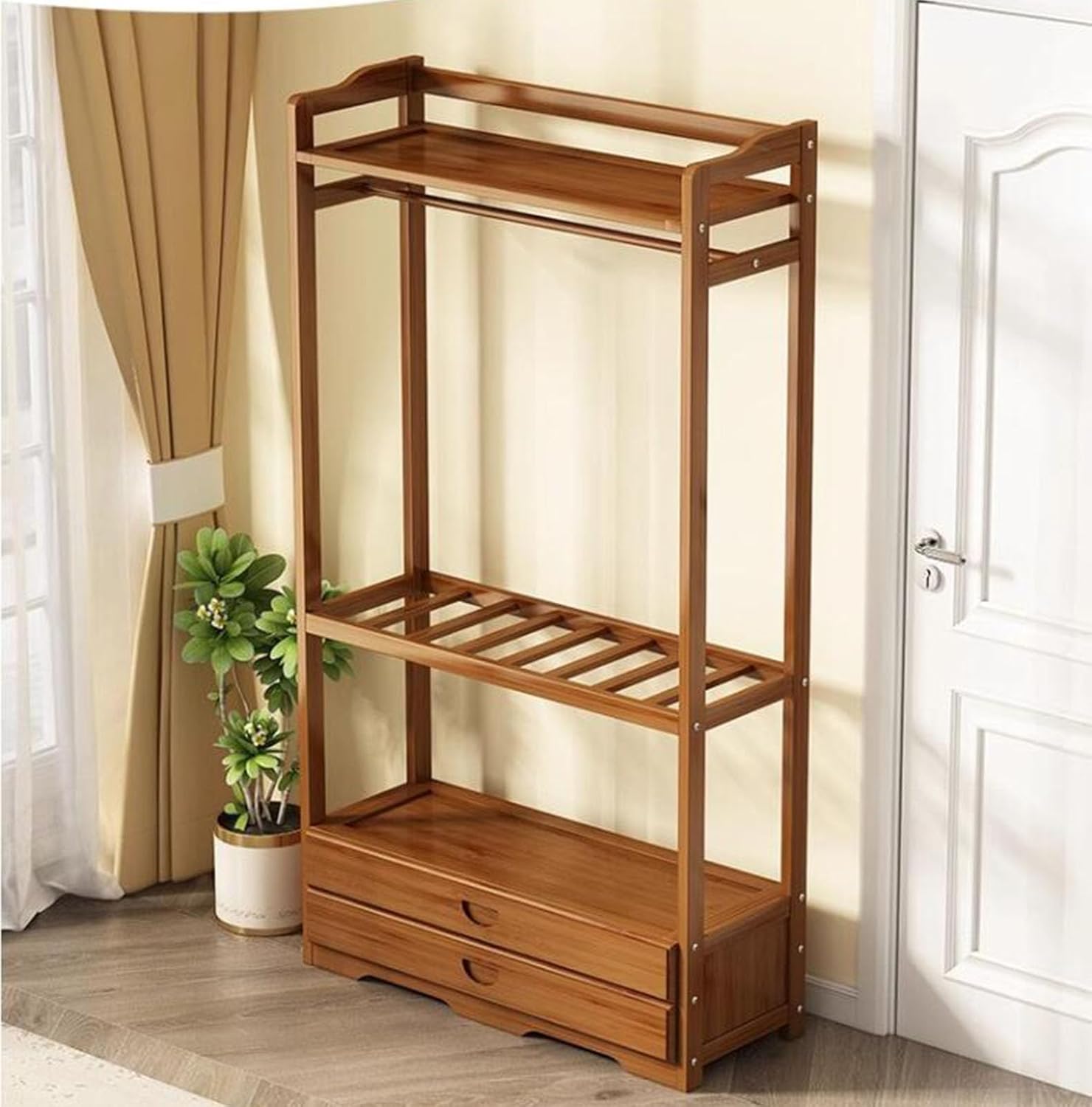 Coat Rack Coat Rack Freestanding with Shelves, Wood Hall Tree with Top Shelf /2 Drawer and Clothing Rack, Standing Clothes Rack Closet Organizer for Entryway, Bedroom