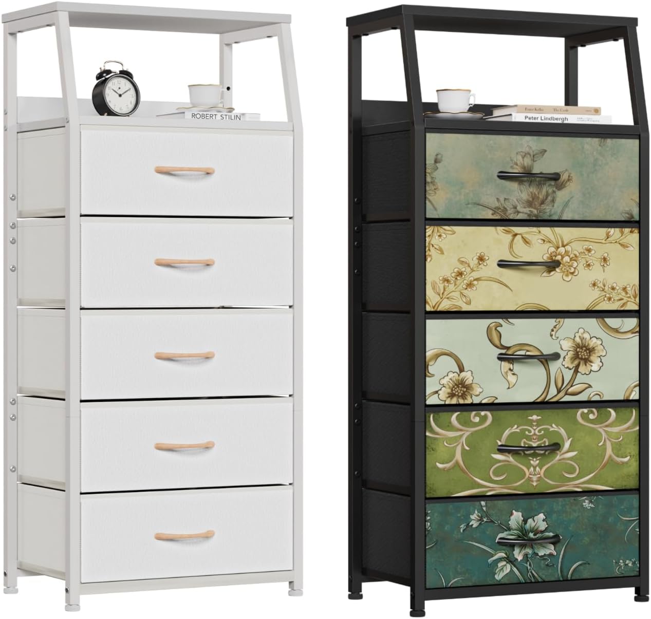 Furnulem 5 Drawer Dresser, Vertical Storage Tower Fabric Dresser for Bedroom, Hallway, Entryway, Nursery, Closet Organizer, Nightstand Bedside Table Furniture, Sturdy Steel Frame, Wood Top