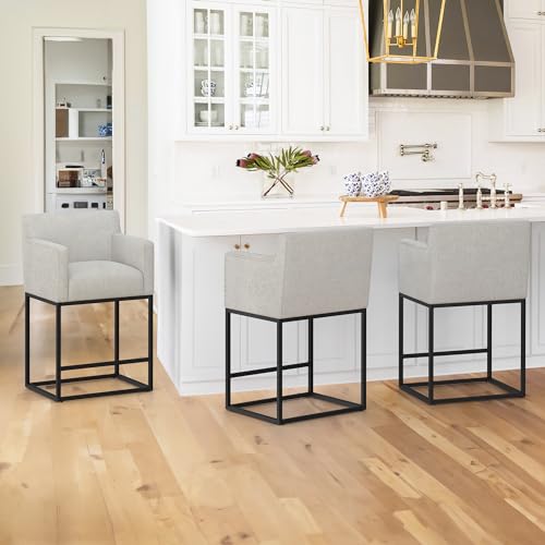 LUE BONA 27'' H Counter Height Bar Stools Set of 4，Modern Barstools with Open Arms, Black Metal Frames, Linen Fabric Upholstered Bar stool for Kitchen Island, Home Bar, Light Gray