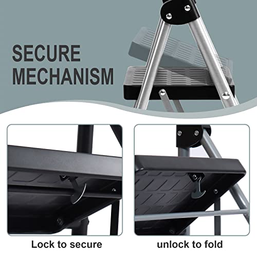 Step Ladder Woodgrain Finish Aluminum Folding Step Stool 3 Step Stairs Wide Pedal,Anti-Slip Portable Sturdy for Home & Kitchen Office 330 lbs