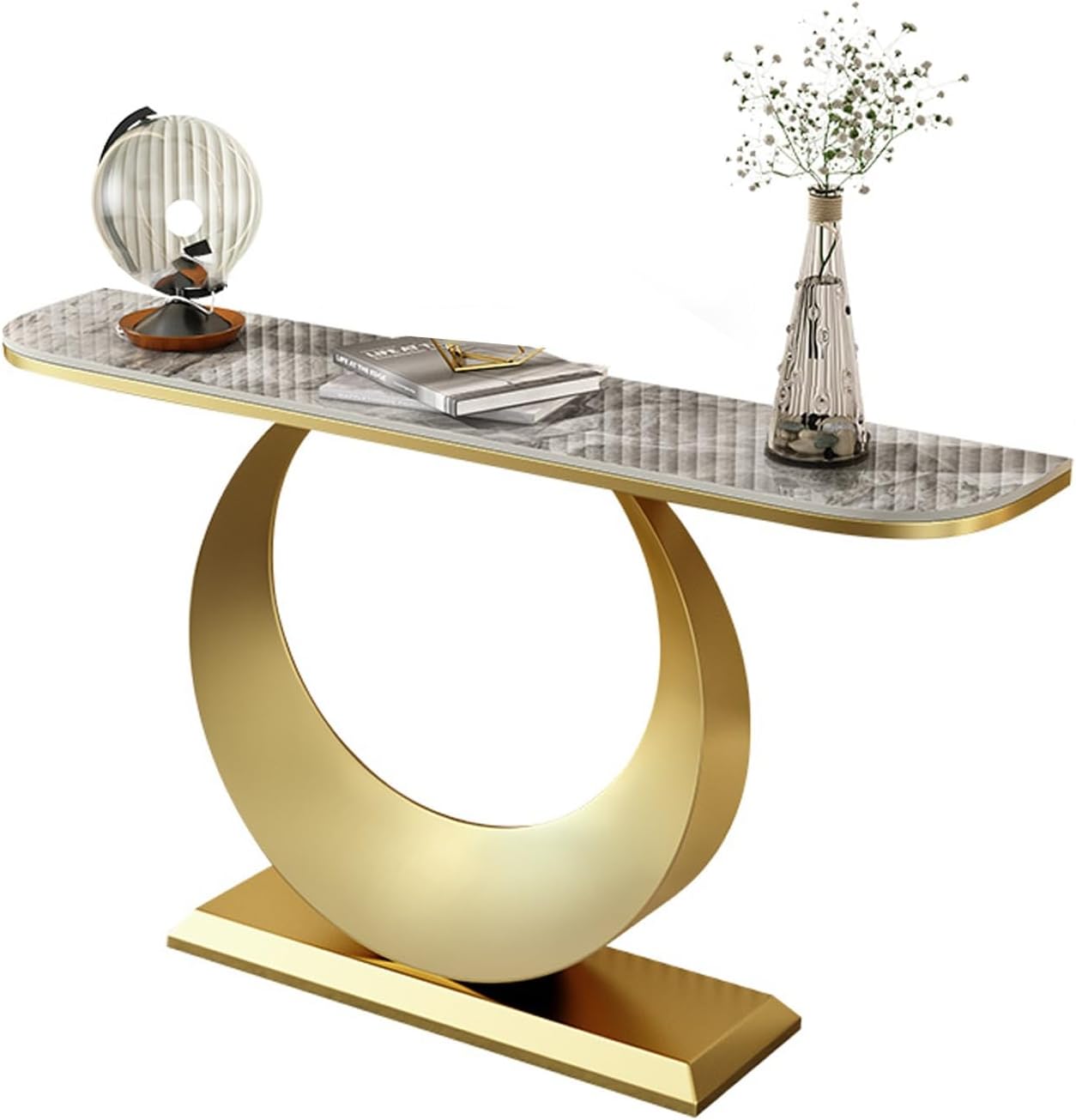 Console Table with Geometric Metal Base | Sintered Stone Narrow Long Entryway Table | Contemporary Console Table | for Living Room/Hallway/Foyer | Easy Assembly