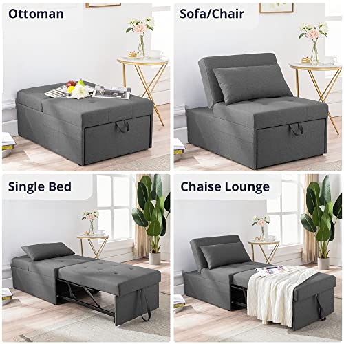 Cozy Castle Sleeper Chair, Convertible Chair Bed, 4 in 1 Ottoman Bed, Pull Out Sofa Bed, Linen Fabric Chaise Lounge, for Living Room/Small Apartment, Dark Grey