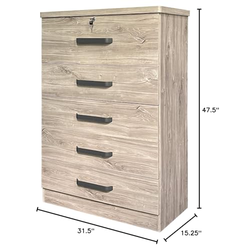Better Home Products 5 Drawer Dresser with lock, Dressers for Bedroom, Living Room, Hallway, Tall Chest of Drawers Closet Organizers and Storage for all your clothing and accessories,