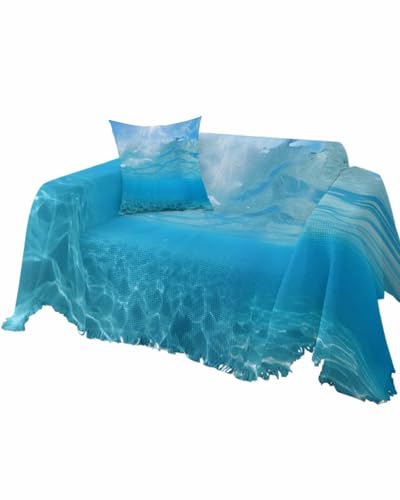 Ocean Blue Sofa Cover Couch Covers for 3 Cushion Couch Throw Couch Cover with Tassel Soft Sofa Slipcover Summer Seawater Sunlight Couch Furniture Protector for Dog Pet 71
