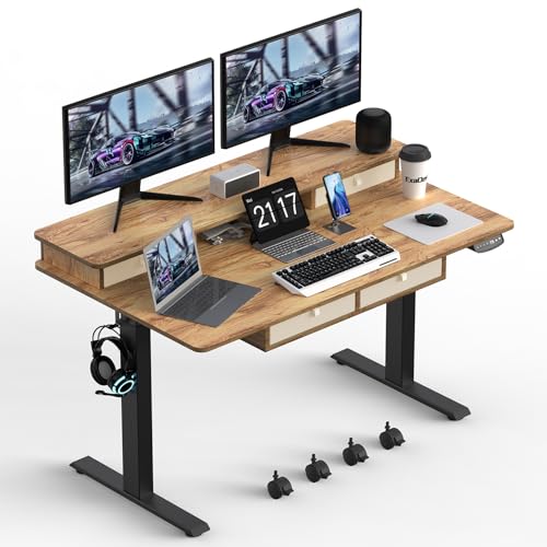 Electric Standing Widened Desk 63 * 30 Inches Adjustable Height with 4 Drawers, Double Storage Shelves Stand Up Desk, Home Office Workstation Sit Stand up Desk (Classical Black)