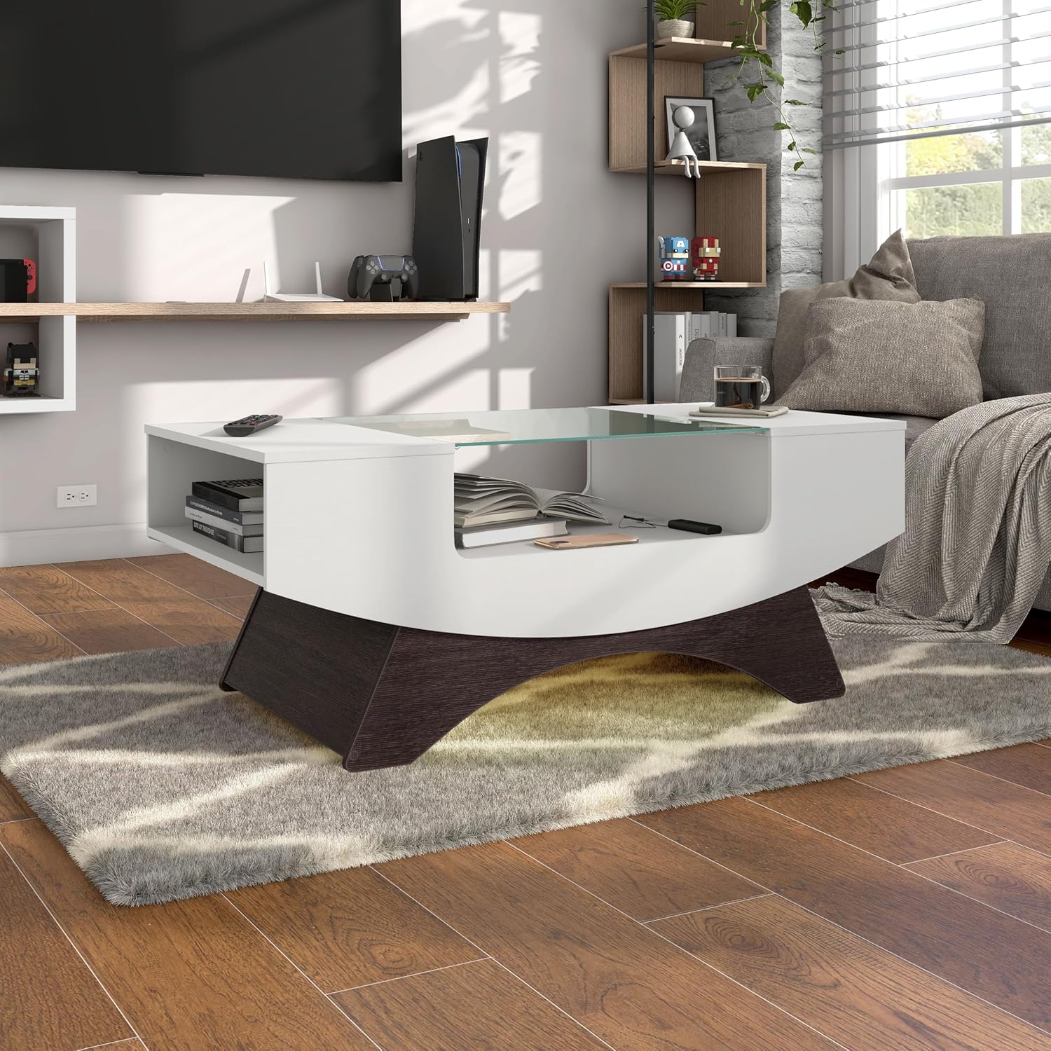 24/7 Shop at Home Kane Modern 39 Inch 16 Colors LED Coffee Table with Glass Top and Open Storage Shelf for Living Room, Home Office, White
