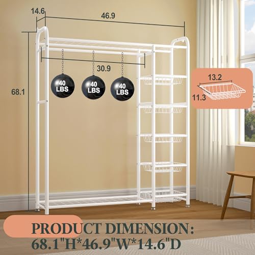 Wardrobe Closet, Metal Portable Clothing Rack with Hanging Rod and 5 Baskets, Freestanding Clothing Rack with 2 Shelves, Closet Organizers and Storage System for Bedroom-White