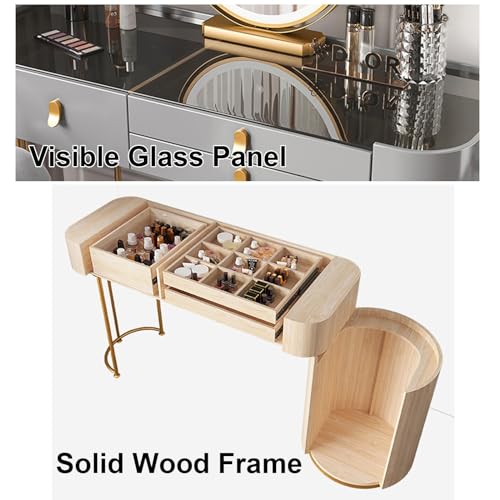 Vanity Desk With Lighted Mirror And Glass Top, Large Makeup Table Set With Drawers, Side Cabinet & Chair, Dressing Table With 3 Lighting Colors Lights Mirror, For Her ( Color : Gris , Size : 100cm/39.