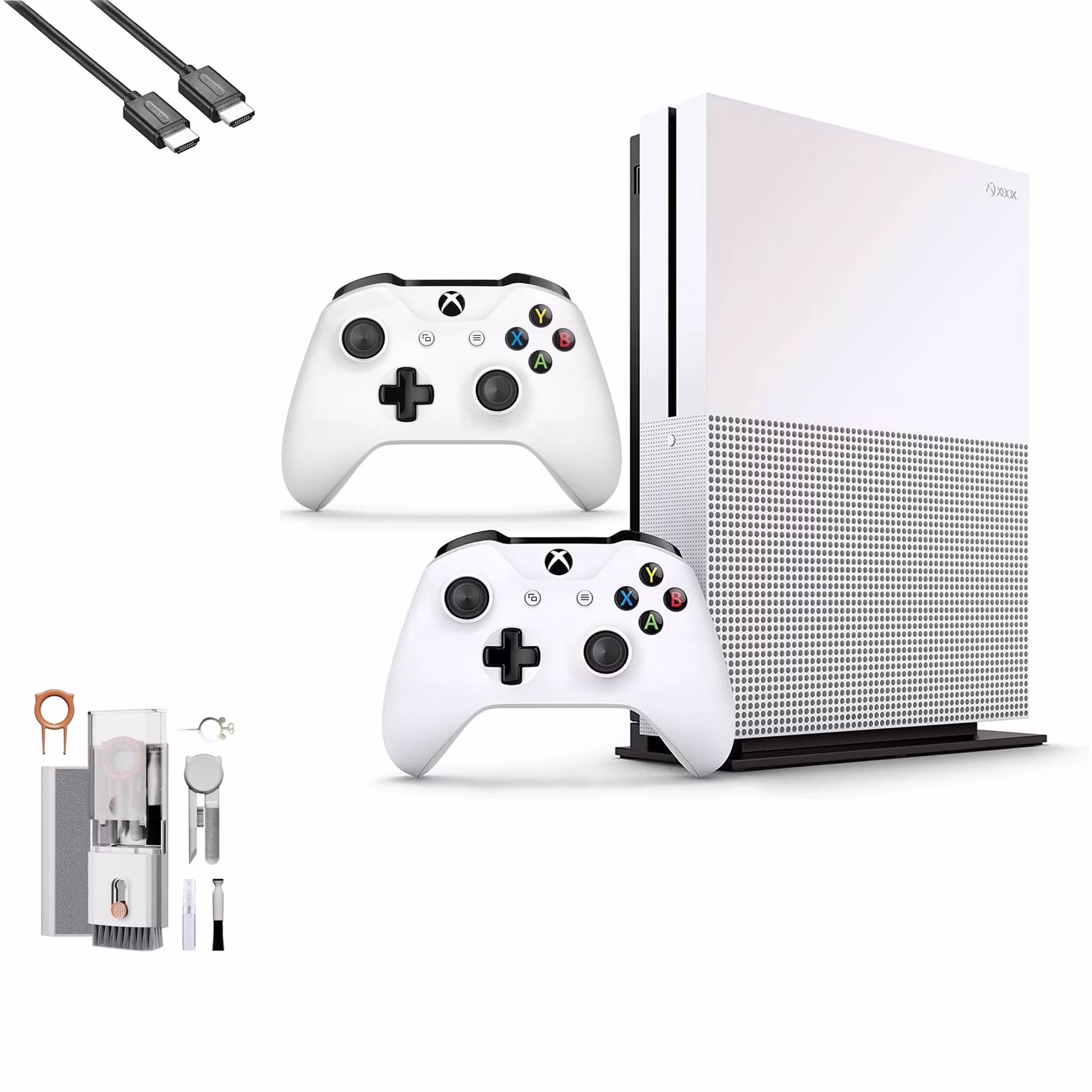 Pre-Owned Microsoft Xbox One S 500GB with 2 Controller, 4K Ultra HD White with BOLT AXTION Cleaning Kit HDMI ( )