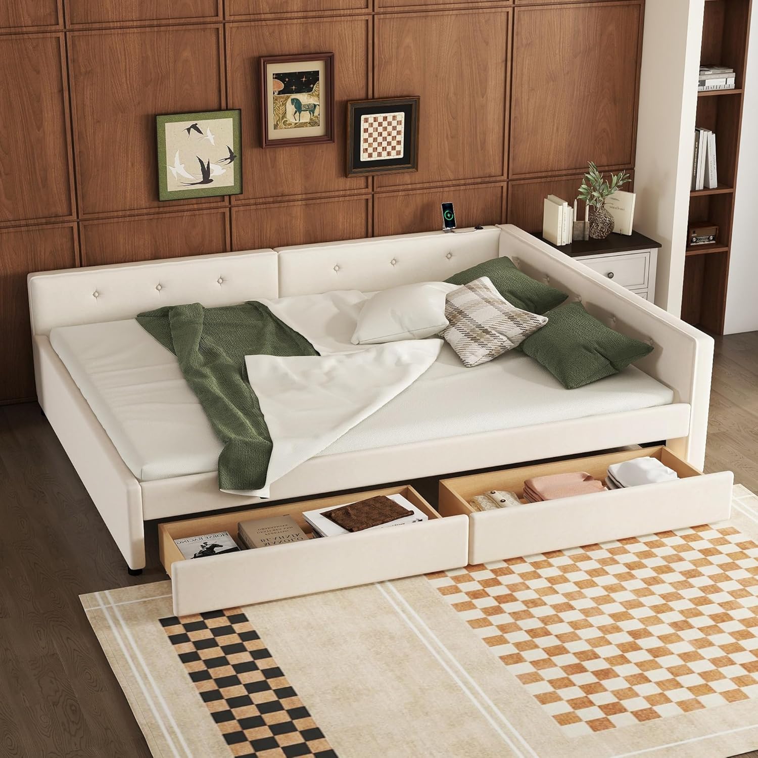 Upholstered Full Size Daybed with 2 Drawers for Adult, Kids, Solid Wood Bed Frame w/USB Port,Space Saving Design, No Spring Box Needed, Beige