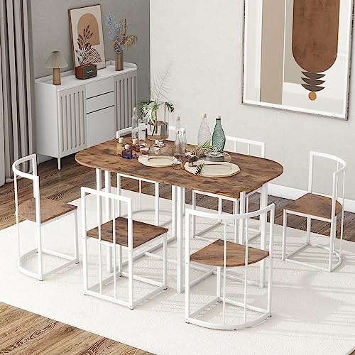 WADRI Dining Table Set for 6, Modern 7-Piece Dining Table Set with 6 Chairs, 55 Inch Kitchen Table Set with Faux Marble Compact, Iron Frame Dining Table Set for Dining Room (White+Black-A7)